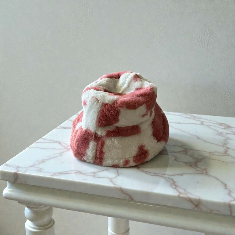 Pink and White Faux Fur Cow Print Bucket Hat